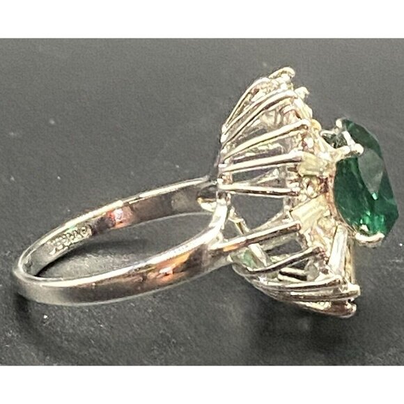Lab Emerald Ring Caged 18K HGE White Gold Plate Starburst CZ Sz 10 May Bday - Picture 4 of 6
